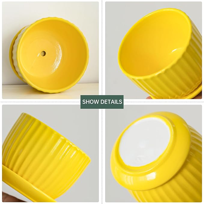 Yellow Ribbed Ceramic Pots